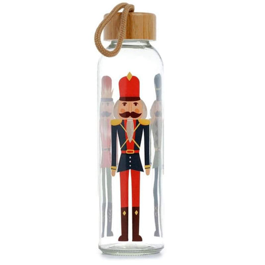 christmas nutcracker glass water bottle showing festive nutcracker design and screw top lid