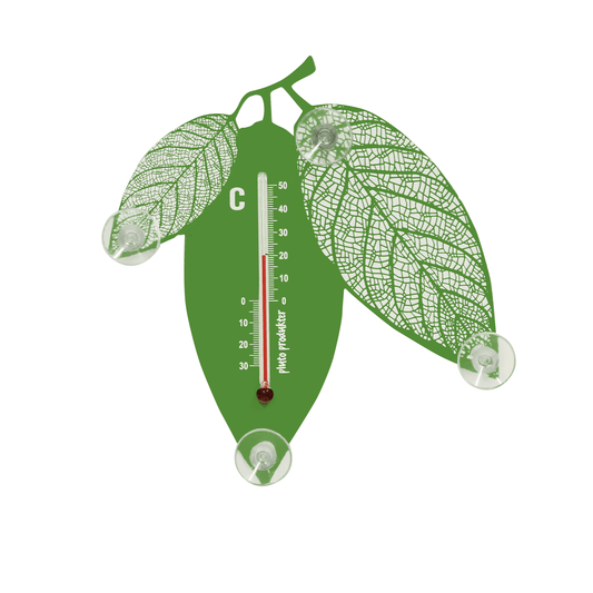 room & garden thermometer with leaf design mounted on window with suction cups