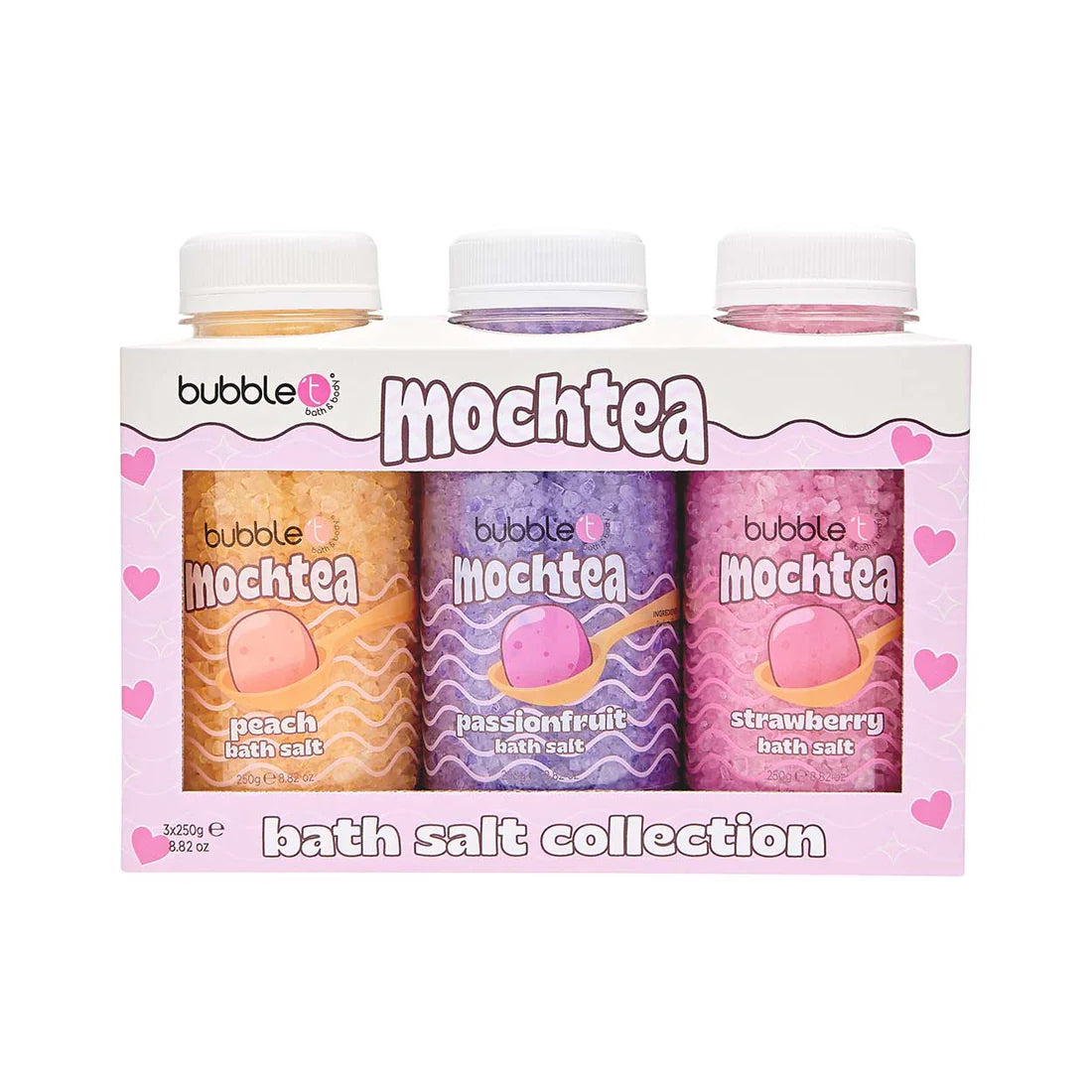 bubble t mochtea bath salt collection with three jars of peach, passionfruit and strawberry scented salts in packaging