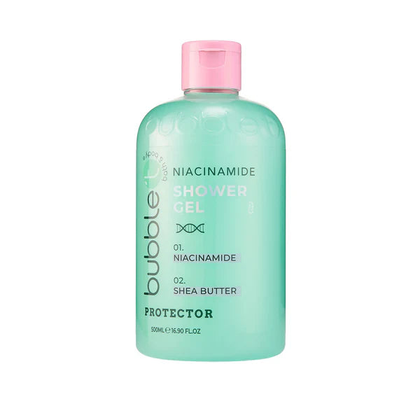 bubble t niacinamide & shea butter shower gel 500ml, gentle body wash for all skin types, improves texture and hydrates
