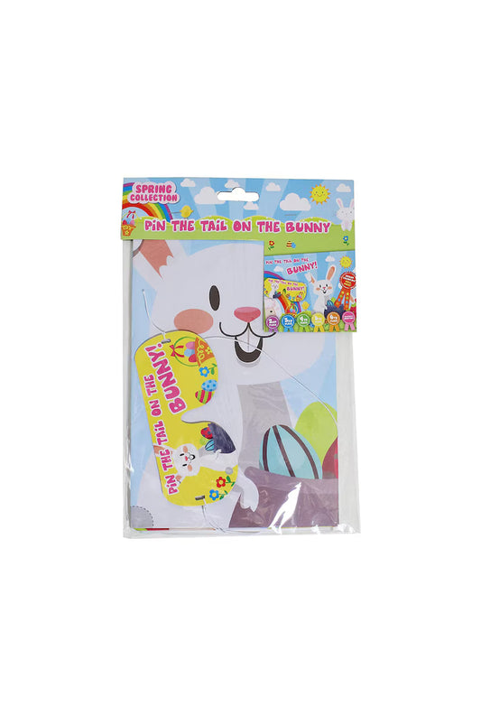 Easter pin the tail on the bunny children’s party game with colourful bunny poster and removable tails for Easter celebrations