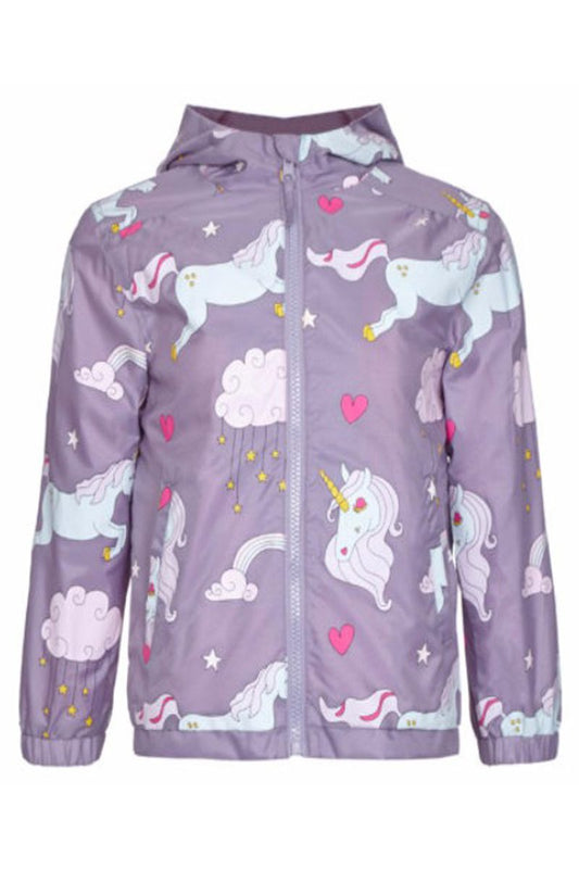holly and beau childrens unicorn raincoat displayed  showing full front design