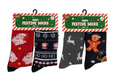 Festive Men's Socks -2 Pack Red/Black Santa Size Choice
