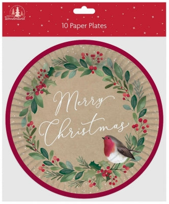 Christmas Pack 10 Traditional Paper Plates -Holly & Robin