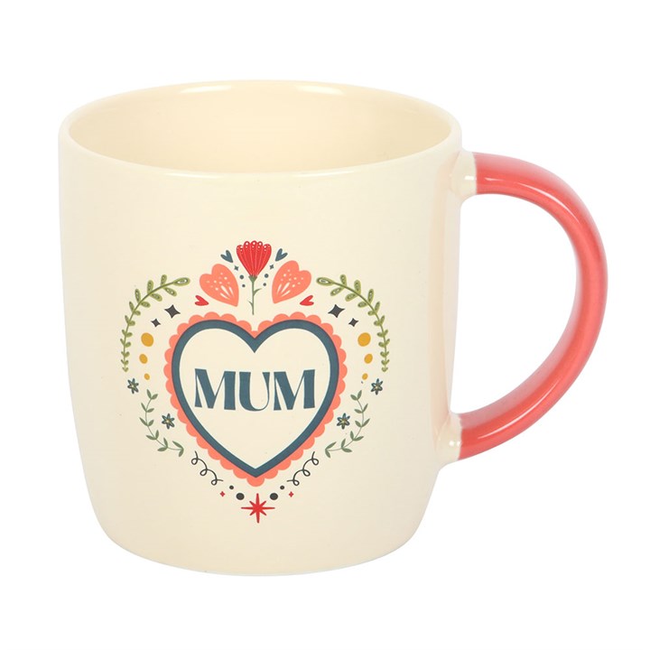 folk heart mum mug front view displaying decorative heart and mum wording