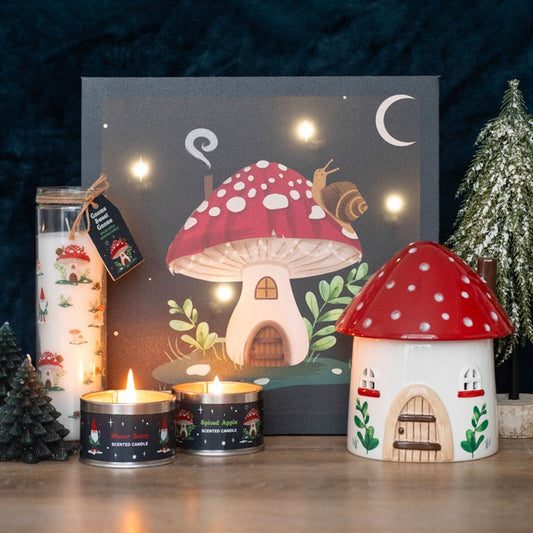 light up enchanted mushroom canvas plaque styled in cosy home setting