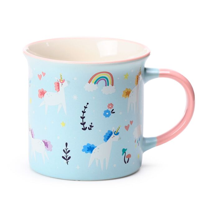 rotated view of unicorn magic fine-rimmed porcelain mug showing handle and design