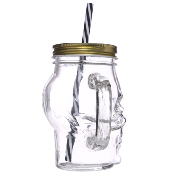 glass skull drinking jar close view showing reusable straw and metal lid