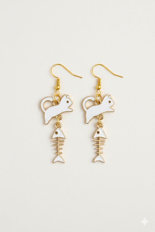 Cat & Fishbone Drop Earrings