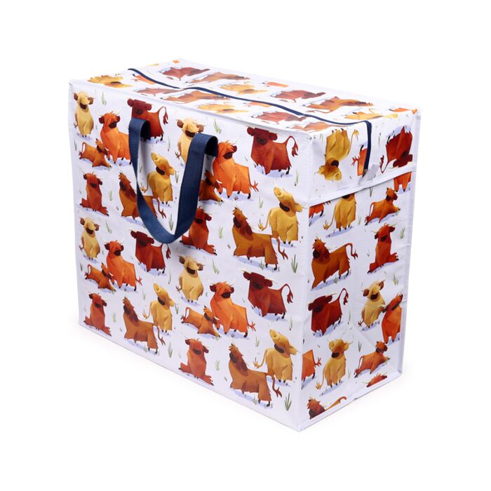 external view of hairy coos highland coo zip up laundry storage bag