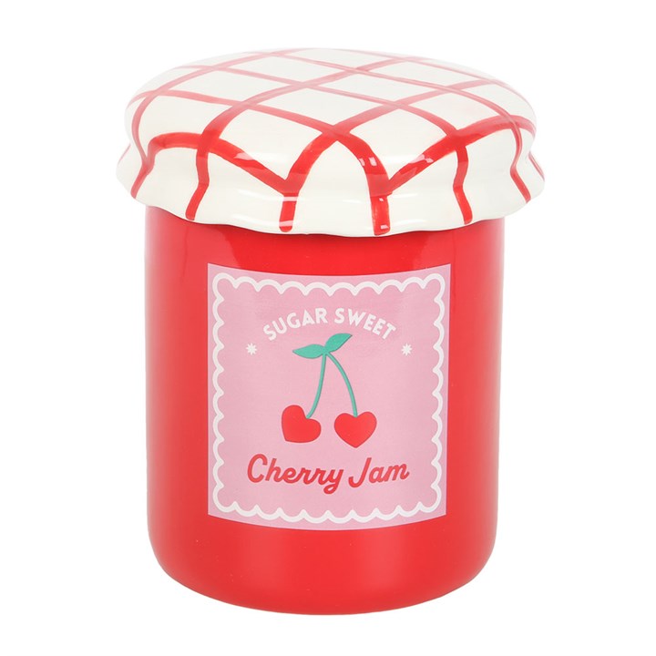 cherry jam jar wax burner displayed with lid on showing playful kitchen style design