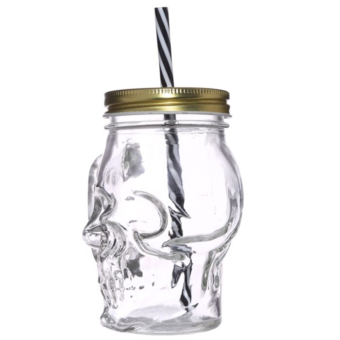 glass skull drinking jar side view showing detailed skull moulded shape