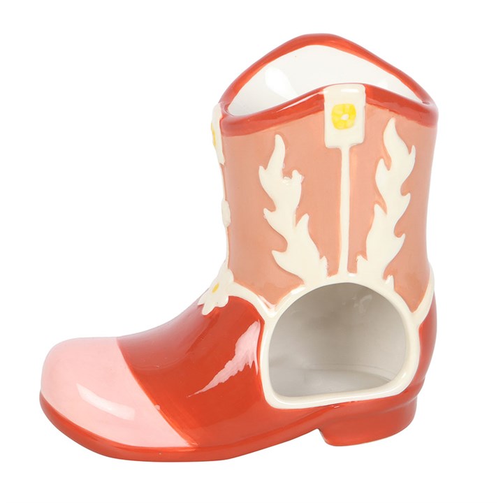 back view of cowboy boot oil burner highlighting detailed ceramic finish