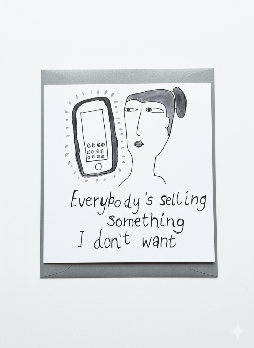 minimalist greeting card woman with telephone illustration subtle humorous design blank inside