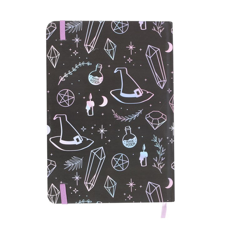 mystical crystal notebook cover shown without band highlighting magical illustrated design