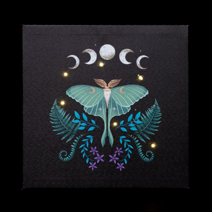 light up ethereal luna moth canvas plaque displayed with glowing celestial led detail