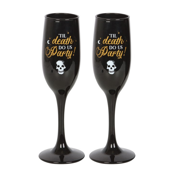 til death do us party champagne flute showing phrase from main viewing angle
