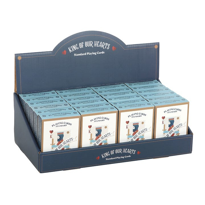 multiple king of our hearts card packs displayed in angled retail display unit