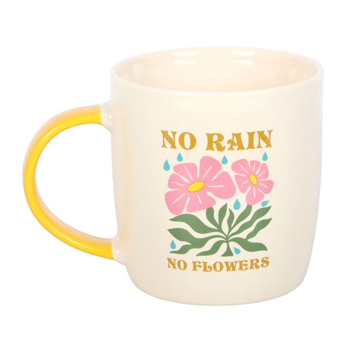 no rain no flowers ceramic mug shown from reverse side with floral design