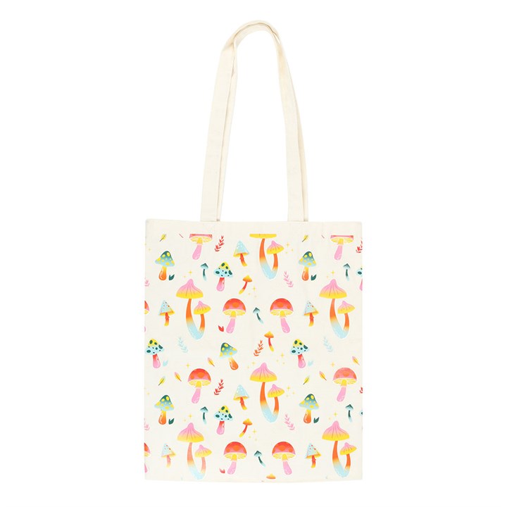 reusable mushroom tote bag displayed highlighting playful groovy illustration and practical carry size