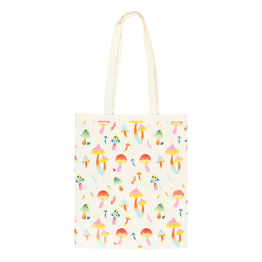 reusable mushroom tote bag displayed highlighting playful groovy illustration and practical carry size