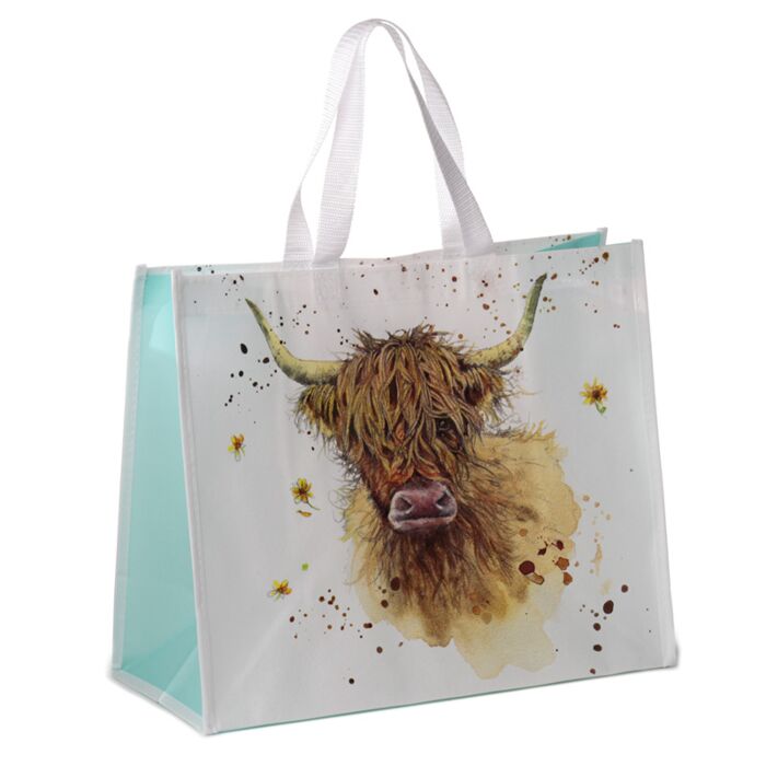 jan pashley highland coo reusable shopping bag front view with handles displayed