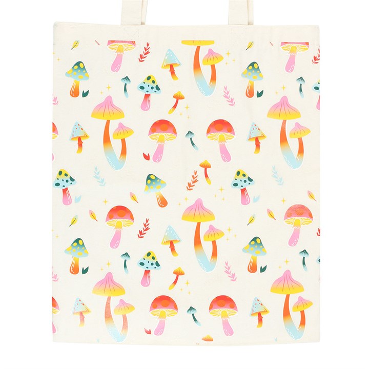 mushroom print canvas tote bag shown as everyday reusable accessory with bold personality