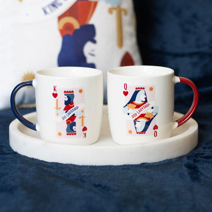 her ladyship playing card mugs displayed together on tray in refined home setting