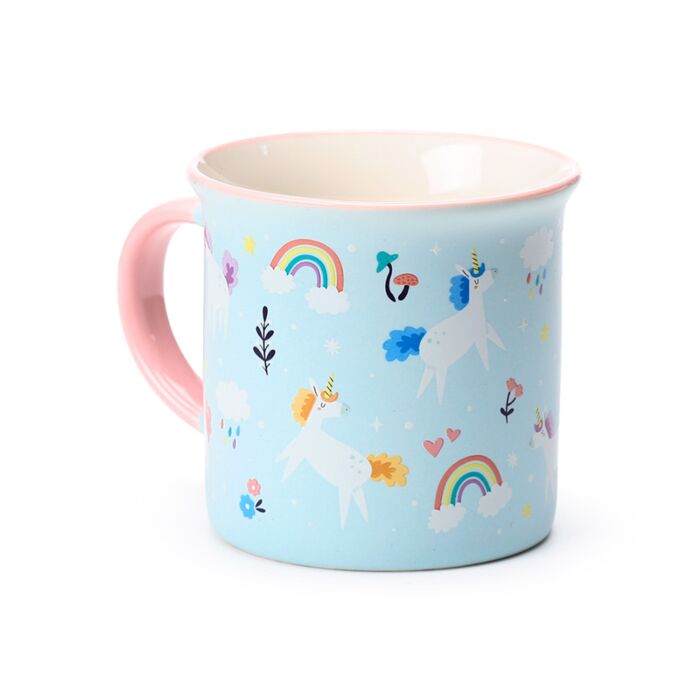 unicorn magic fine-rimmed porcelain mug on a flat surface showing overall design