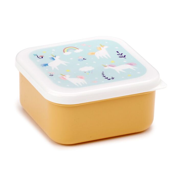 yellow unicorn magic lunch box rotated to show a side view with magical unicorn details