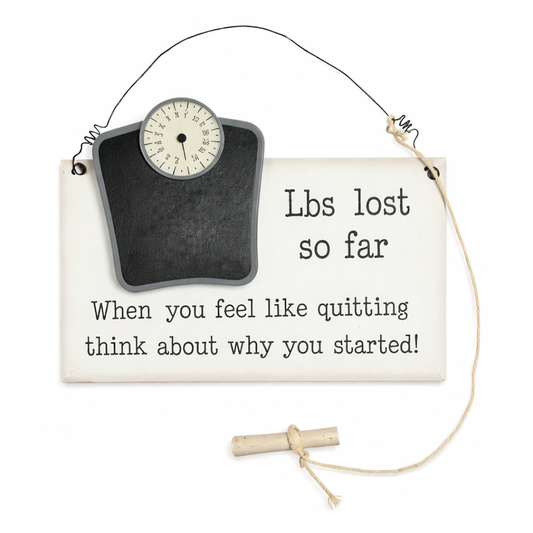 grey and white wooden weight loss record plaque with chalkboard and hanging loop