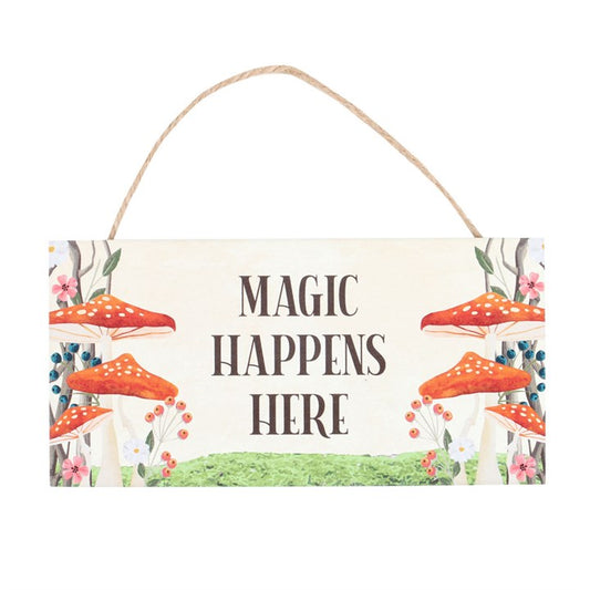 magic happens here mushroom wooden wall sign front view showing whimsical design