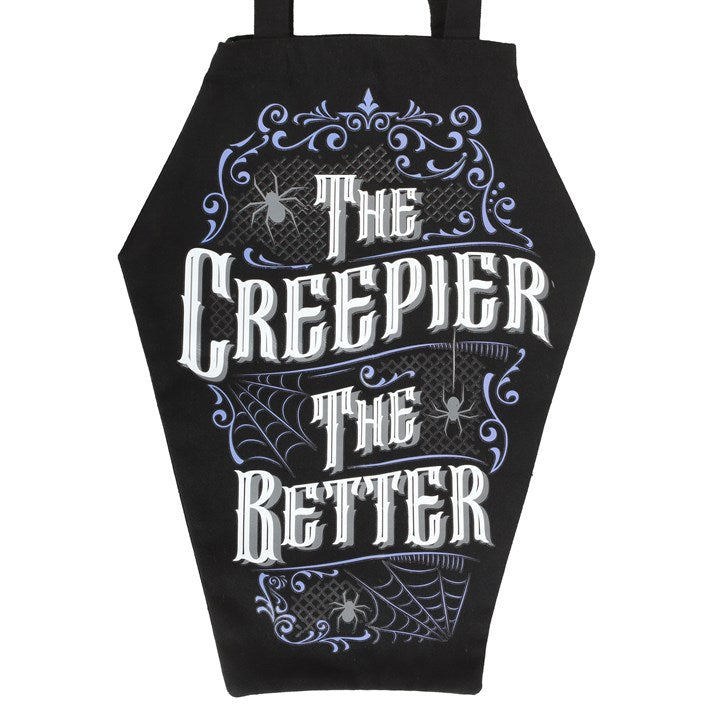 close up of the creepier the better text on gothic coffin bag