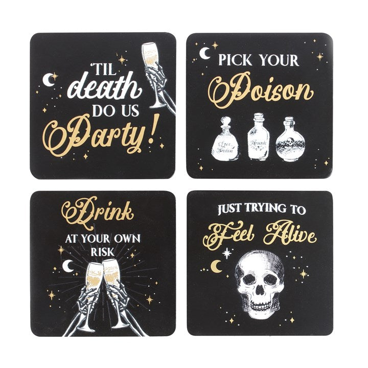 skeleton coaster set showing four witty gothic designs arranged together