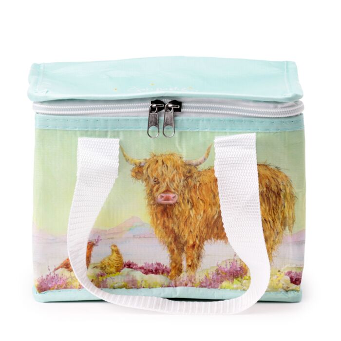 eco friendly highland coo cool bag front view with sturdy webbing handles