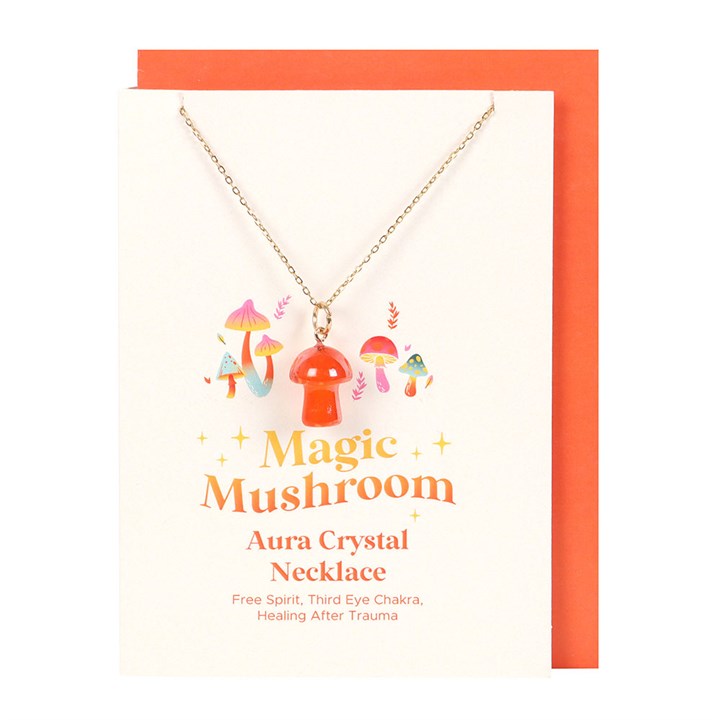 orange mushroom aura necklace displayed on greeting card with envelope ready for gifting