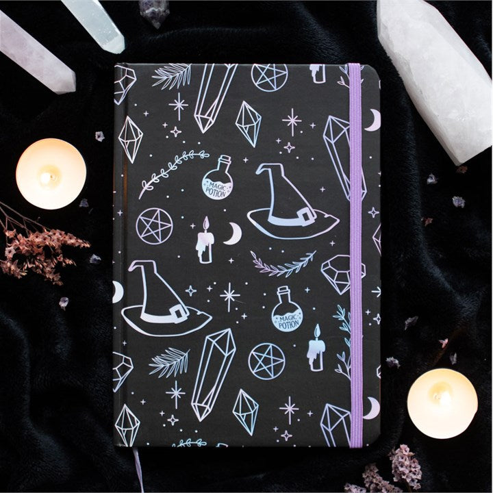 mystical crystal holographic a5 notebook styled in home setting with magical stationery feel