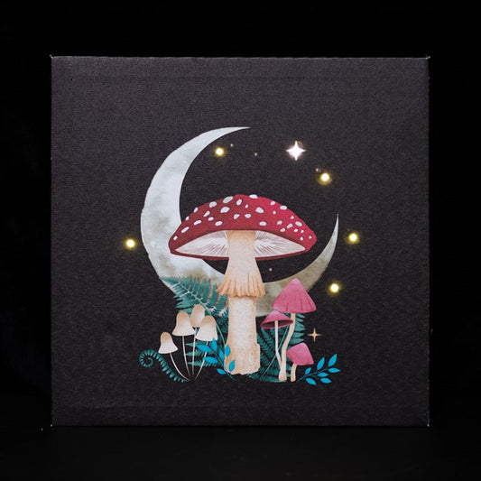 light up ethereal forest mushroom canvas plaque shown front view with glowing led detail