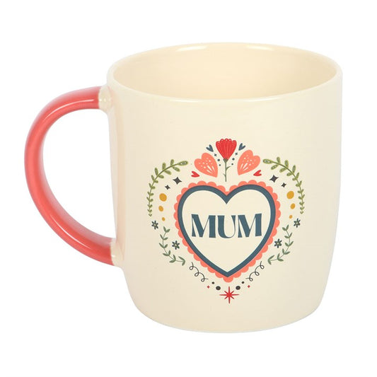 folk heart mum mug back view shown in relaxed home environment