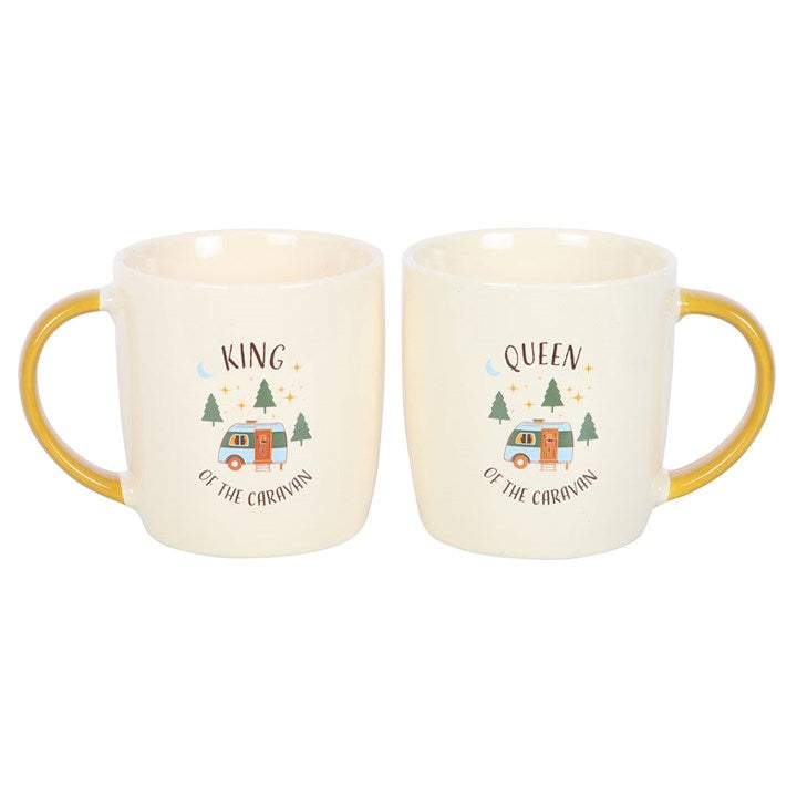 caravan king and queen matching mugs shown from front view with caravan design
