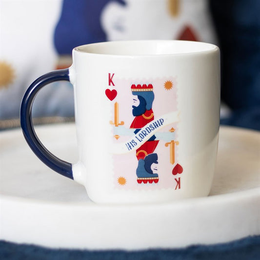 his lordship playing card mug styled in home setting with regal king design
