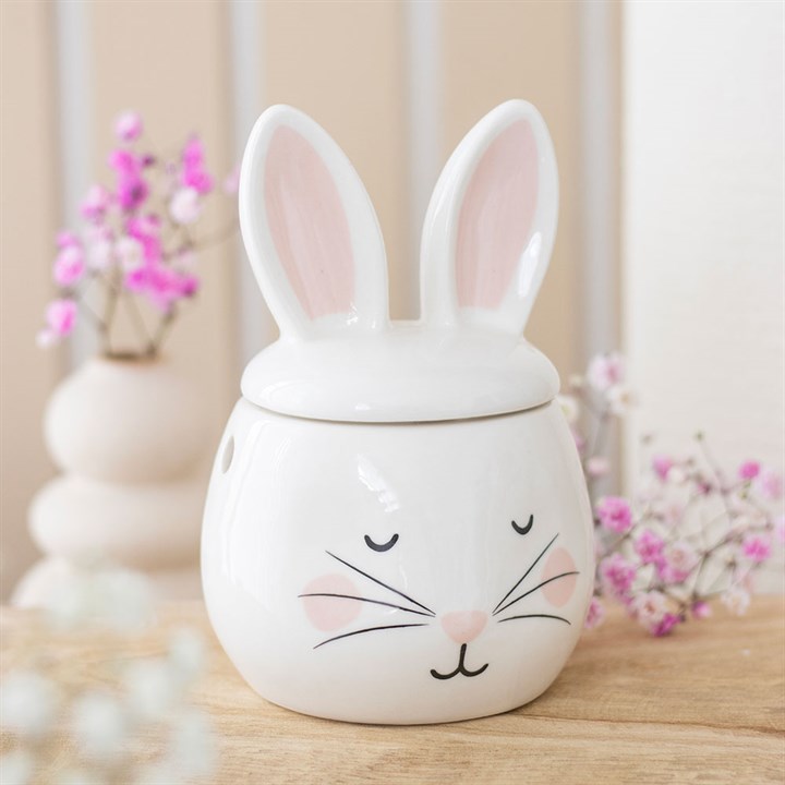 sweet bunny ceramic oil burner styled in cosy home setting for spring décor