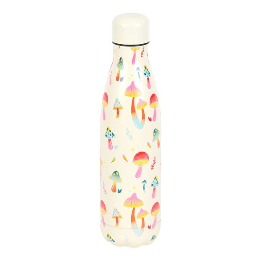 stay groovy mushroom reusable water bottle shown upright highlighting playful artwork