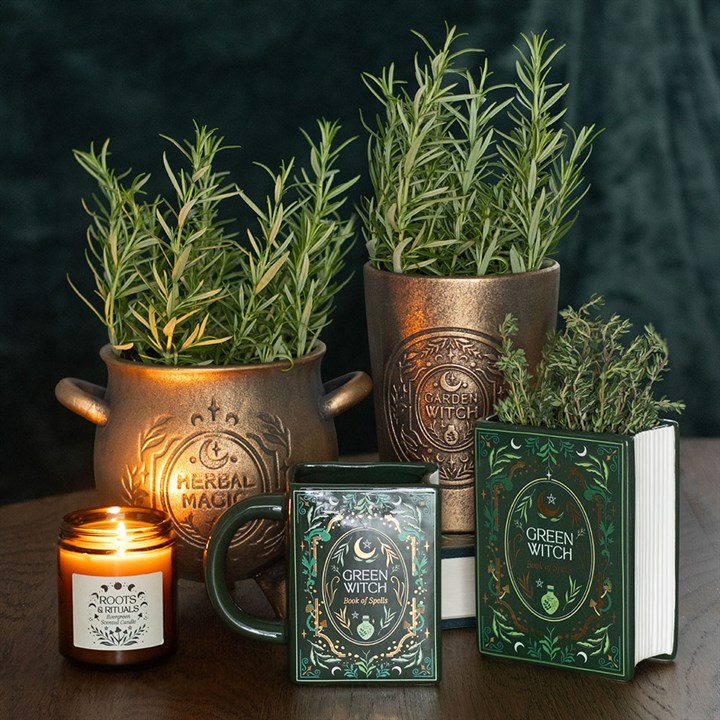witch grimoire style ceramic vase displayed in home interior setting