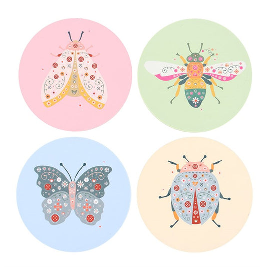 set of four floral bug coasters shown together on neutral background