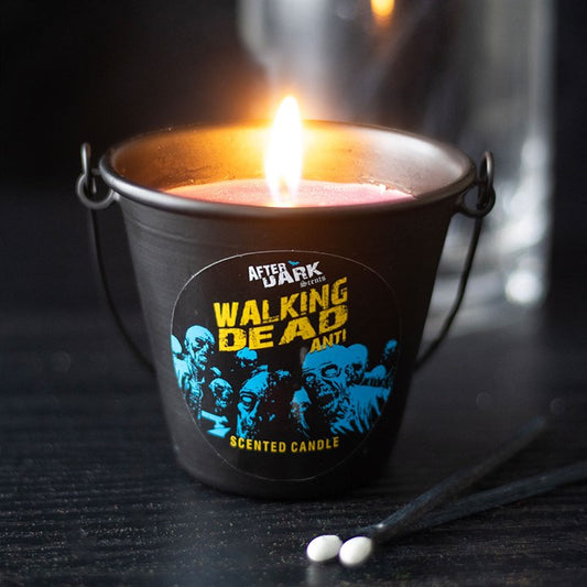 walking dead anti lavender scented candle in metal bucket styled in gothic home setting