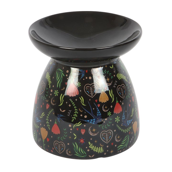 midnight bloom floral oil burner front view showing black botanical pattern