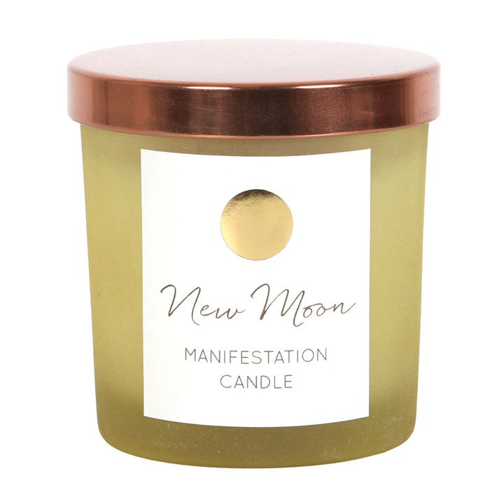 new moon crystal candle displayed with lid on for mindful home ambience