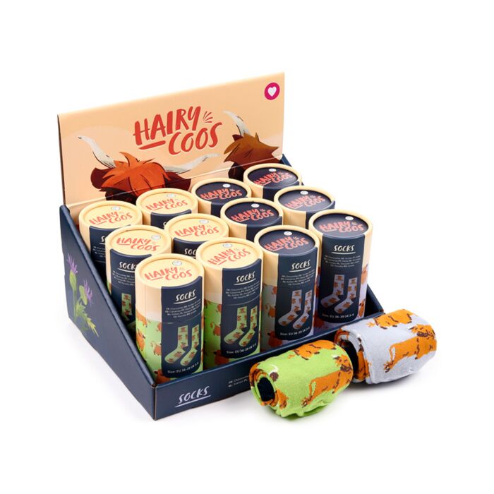 hairy coos highland coo socks in tube gift packaging with official branding