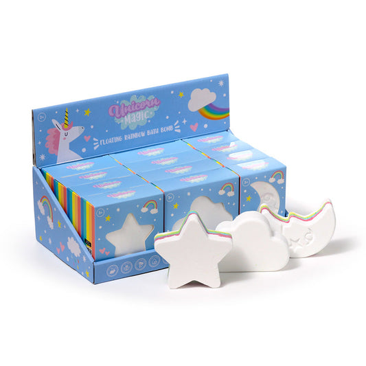 bath bomb unicorn magic rainbow floating design showing one variant from a retail display box